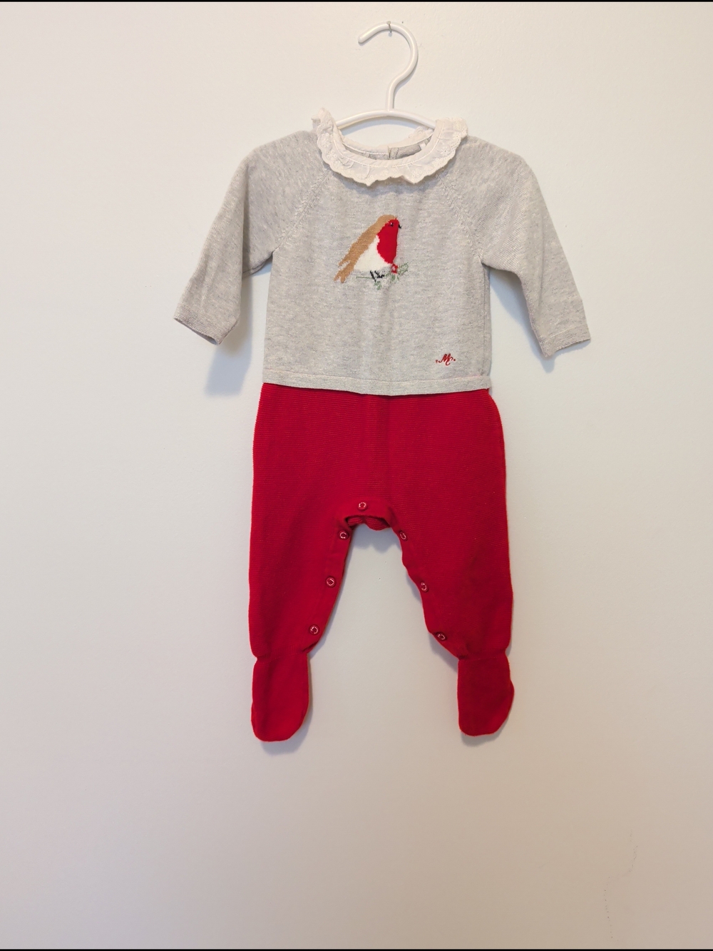 Mayoral Gray and Red Footed One-Piece with Robin Motif